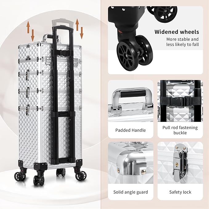 AROUS Rolling Makeup Train Case 4 in 1 Cosmetology Case on Wheels Large Storage Cosmetic Trolley with Key Salon Barber Case Traveling Cart Trunk, Silver