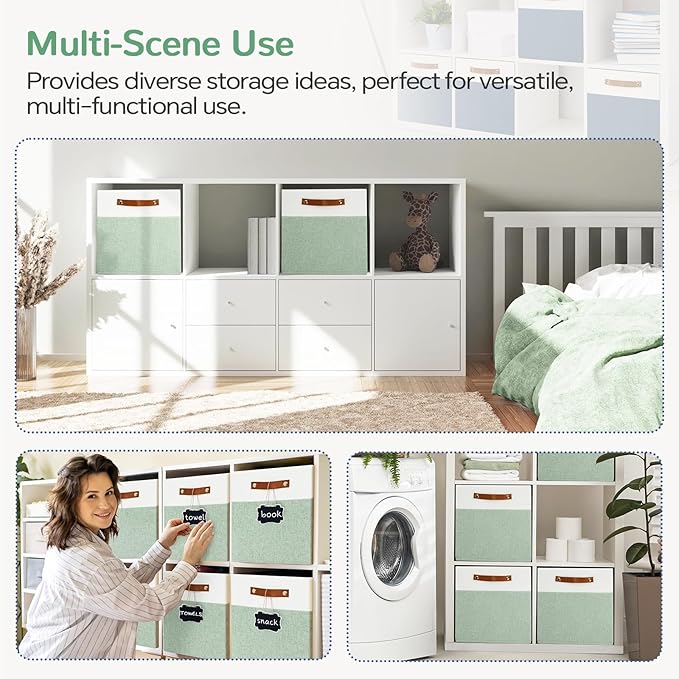 13x13 Storage Cubes 6-Pack, Large Foldable Fabric Cube Storage Bin with Reinforced Bottom and Labels, Organizer Baskets for Shelves, Closets(White/Green)