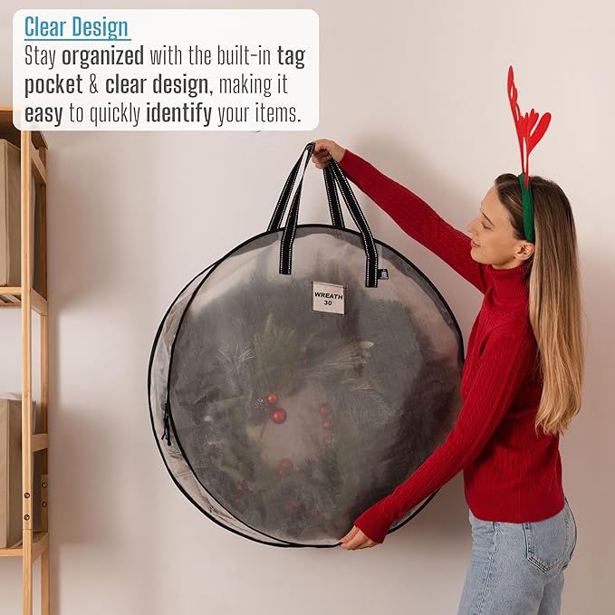 VENO 2 Pack Christmas Wreath Storage Container - 30 Inch Clear Wreath Bag, Christmas Garland and Holiday Decoration Organizers with Zipper and Durable Handles (Clear, 30"-2 Pack)
