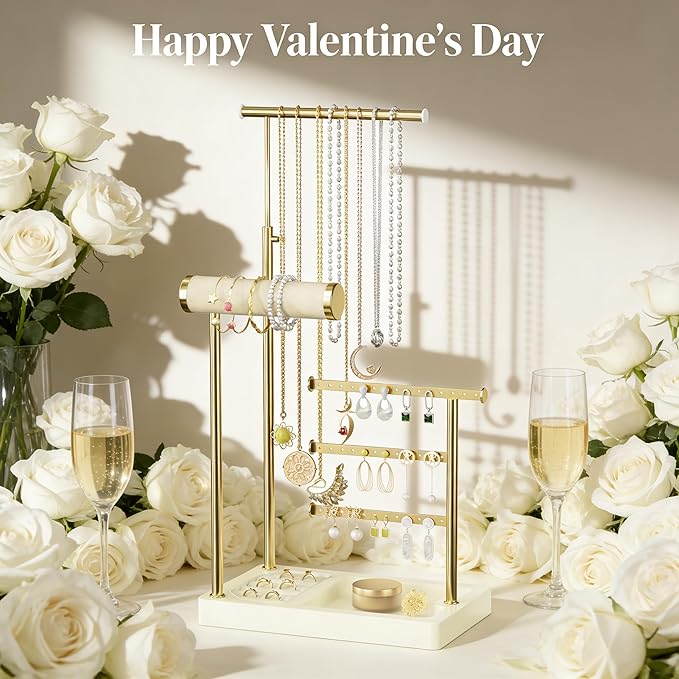 SZQINJI 5 Tier Jewelry Holder Organizer, Gold Jewelry Stand with Velvet Bracelet Holder, Adjustable Height Jewelry Display for Necklaces, Bracelets, Earrings, Rings, Gift Idea for Women, Beige
