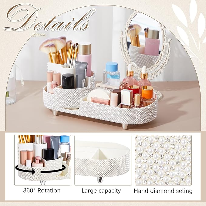 Teen Girls Women Gift 360 Rotating Bling Makeup Organizer Large Rhinestone Diamond Bathroom Organizer Girly Skin Care Brush Holder for Countertop,Bathroom Essentials(White,Pearl)