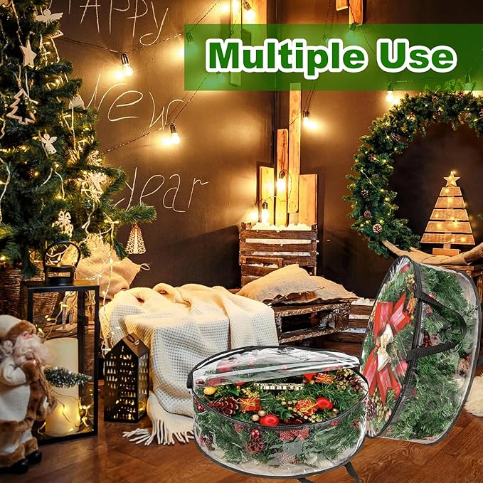 SHUESS 5 Pack Clear Wreath Storage Bags, 24 x 8 Inch Christmas Wreath Storage Container, Heavy Duty PVC Wreath Protector with Dual Zippered and Reinforced Handle for Holiday Seasonal Wreath Garland