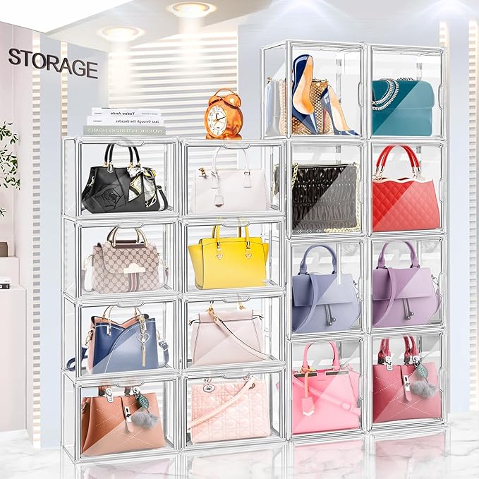 DILIBRA 4 Packs Clear Plastic Handbag Storage Organizer for Closet, Acrylic Display Case for Purse and Handbag, Stackable Storage Boxes Bag Organizer with Magnetic Door for Purse Clutch Wallet Hats