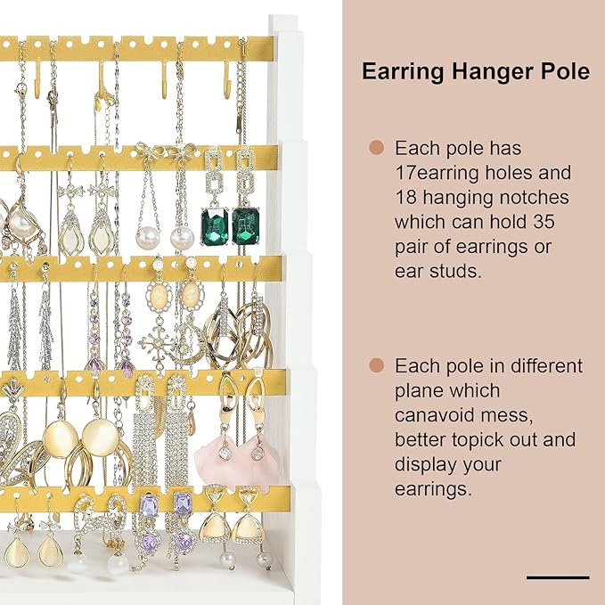 Pinzoveco Earring Organizer, 5 Layer Earring Holder Organizer with Metal Necklace Holder Pole, Rustic Wood Jewelry Organizer Stand Display for Stud Earring Bracelet Necklace Ring, 175 Earring Holes