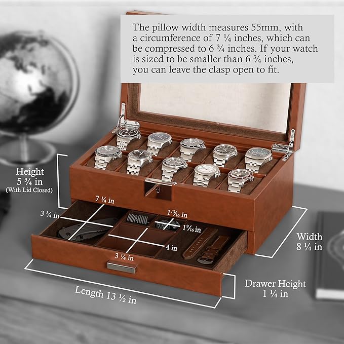 ROTHWELL 10-Slot Watch Box in Leather with Valet Drawer, Luxury Watch Case Display Organizer with Ultra Soft Microsuede Liner, Jewelry and Sunglass Holder With Large Glass top (Tan/Brown)