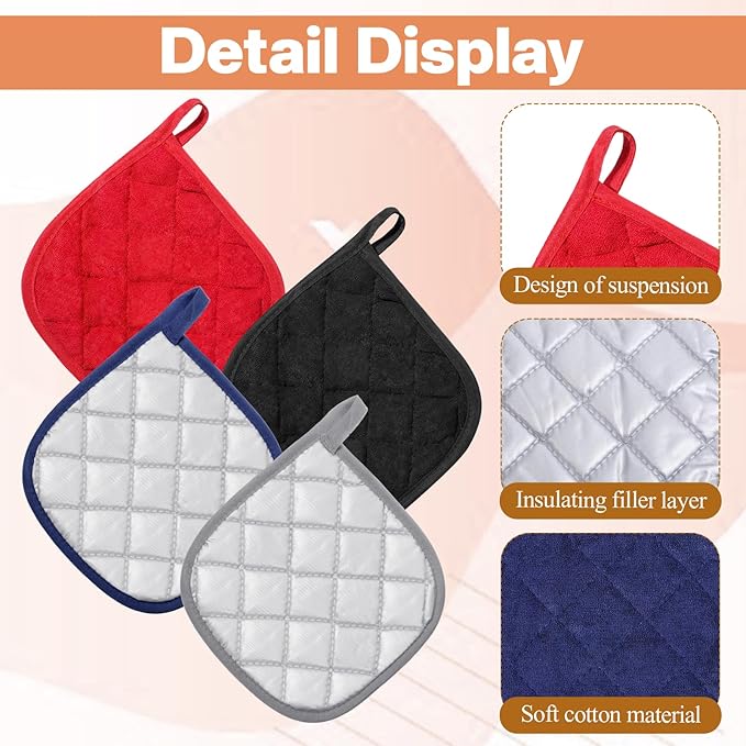 SHENLIU 24 Pcs Cotton Pot Holders for Kitchen, 7 x 7 Inches Heat Resistant Potholders Bulk Hot Pads 4 Colors Washable with Hanging Loops for Cooking Baking Black Gray Blue Red