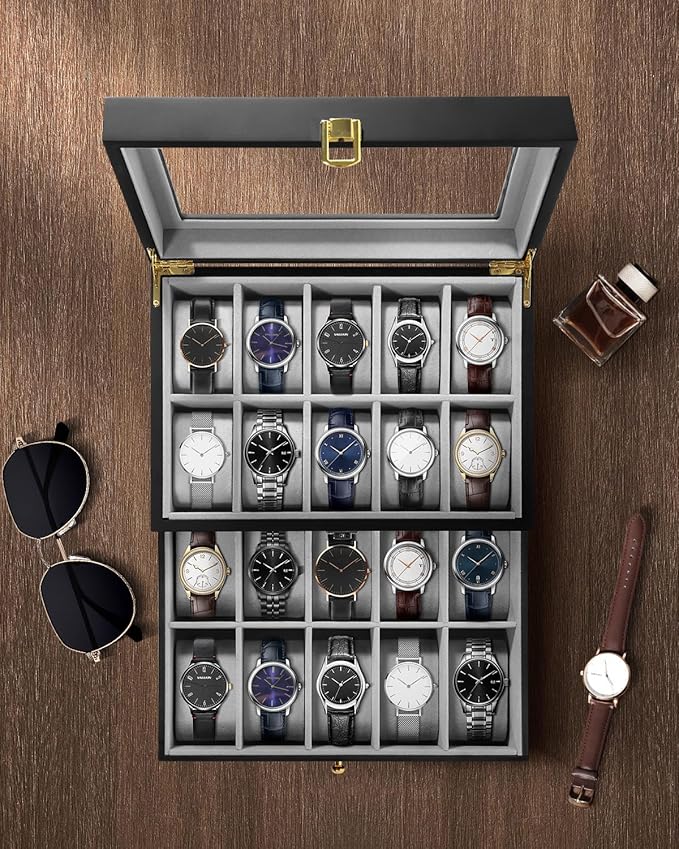 Uten 20 Wooden Watch Storage Box 2 Layers Organizer Collection Jewelry with Glass Lid