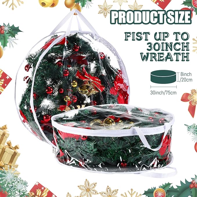 Shappy 6 Pieces Christmas Wreath Storage Container 30 Inch Wreath Plastic Storage Bags with Dual Zippers and Handles for Xmas Thanksgiving Holiday Artificial (Clear)