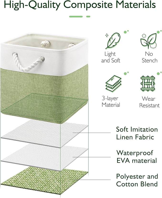 11 Inch Storage Cubes 6-Pack, Foldable Fabric Organizer Bins with Rope Handles, Cube Storage Baskets for Closet Shelves and Home Organization(White/Green)