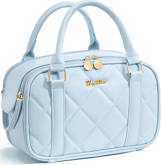 Travel Makeup Bag, Large Capacity Quilted Toiletry Bag for Women Stand-up Cosmetic Bag Open Flat Make Up Case Organizer Portable Pouch Purse w/Handle for Traveling Accessories, Blue