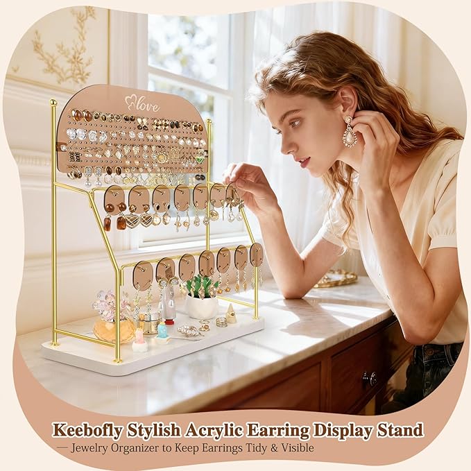 Keebofly Acrylic Earring Organizer Stand with 14 Hooks, Cute Girly Earring Holder for Girls/Teens/Kids – Jewelry Display for Vendors, Vanity Desk Stores Studs/Hoops/Dangles/Necklaces/Bracelets Glod