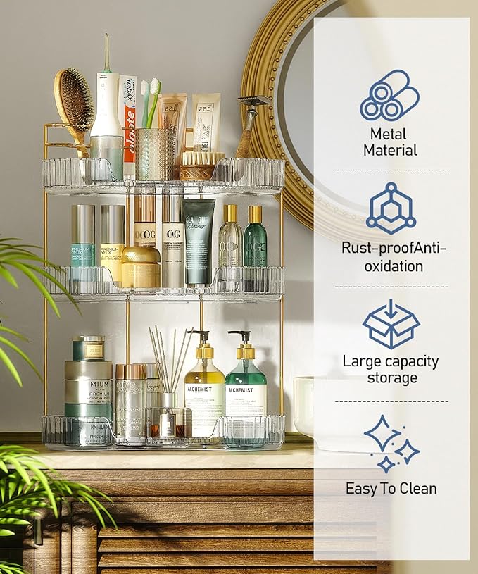 3-Tier Corner Bathroom Counter Organizer Makeup Cosmetic Storage, Tool-Free Installation Acrylic Vanity Shelf, Countertop Storage Organizers Perfume Tray for Bathroom, Dresser, Kitchen (Clear)