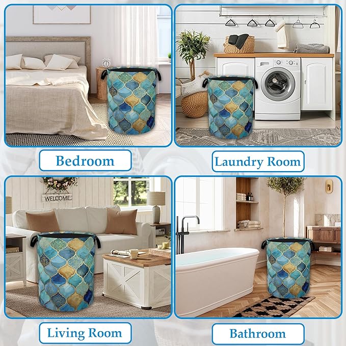 Moroccan Mosaic Laundry Basket Collapsible Laundry Hamper, Oxford Cloth Storage Bin for Room/Bathroom/Bedroom/Dormitories 16" X 20.8"