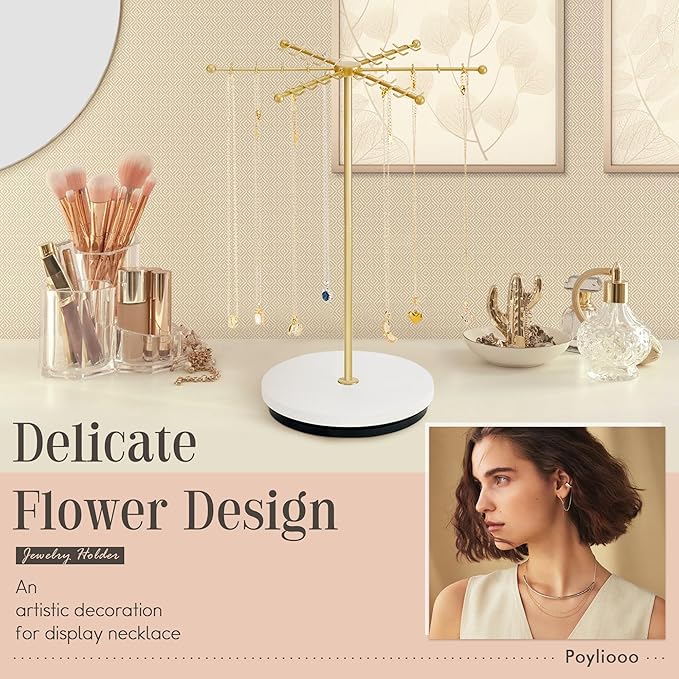 Necklace Holder Jewelry Stand, Rotating Necklace Holder Organizer with 48 Hooks for Necklace Earring Keychains Bracelet Display Stand, Metal Necklace Tree Stand -Women Gifts (Gold)