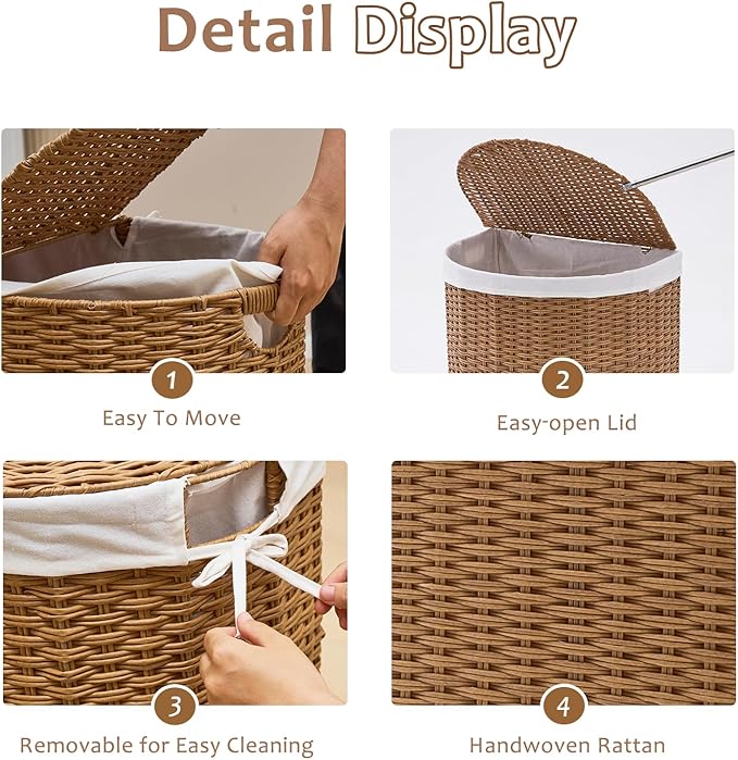 Wicker Half Moon Laundry Basket with Lid and 2 Replaceable Liner Bags, Handwoven Rattan Hamper for Dirty Clothes, Rattan, 120L