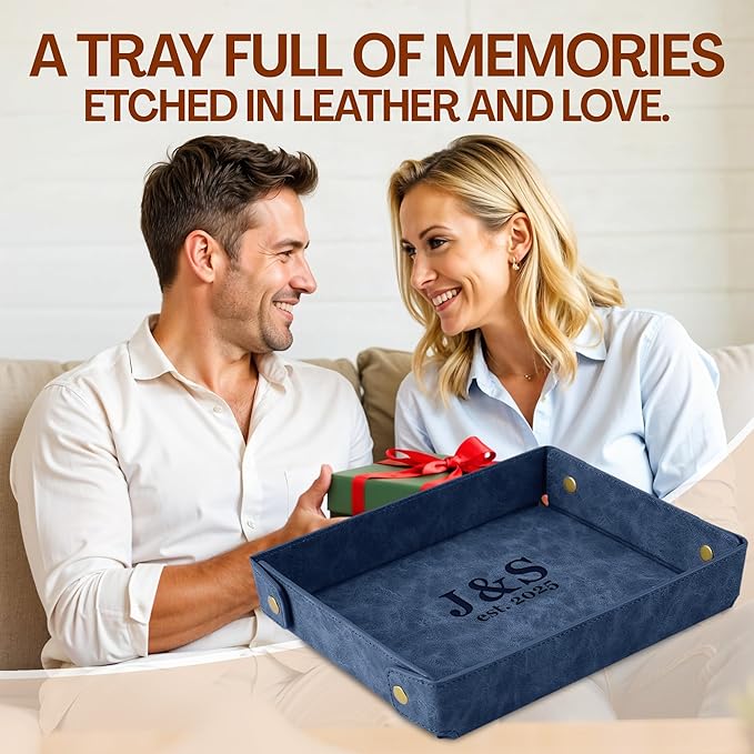 Engraved PU Leather Valet Tray for Couples – Personalized Catchall with Custom Name – Organizer for Keys, Wallet, Jewelry – Romantic Gift – Blue
