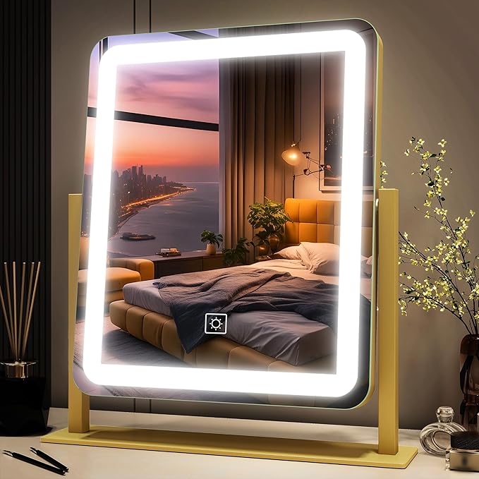FENNIO Vanity Mirror with Lights - 15"x12.6" LED Lighted Makeup Mirror, Large Makeup Mirror with Lights, Touch Screen with 3-Color Lighting, Dimmable, for Vanity Desk Tabletop, Bedroom Gold