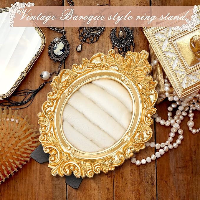 Vintage Ring Holder Oval Light Gold Ring Display Stand Frame Earring Display Tray Anniversary Engagement Baroque Wedding Jewelry Organizer Photograph Prop for Women Christmas Gift