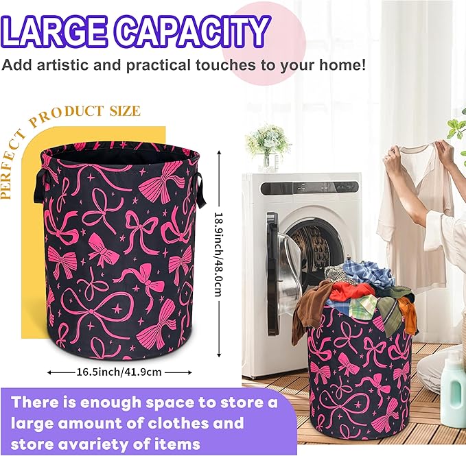 Bow Laundry Basket Oxford Cloth Pink Bowknot Laundry Hamper Funny With Handle Foldable Portable Clothes Storage Basket 18.9 X 16.5 In Storage Bag For Laundry Room/Bathroom/Bedroom/Dormitories