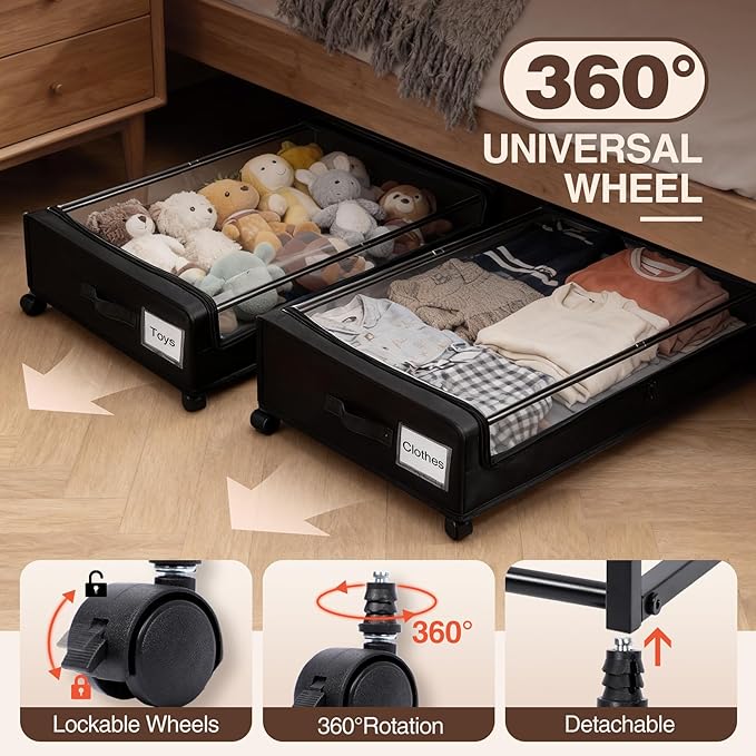 Under Bed Storage with Wheels, 2 Pack Under bed Storage Containers, XXL 60L Rolling Under Bed Drawers on wheels for Clothes, Shoes, Blankets in Bedroom, Dorm, Black