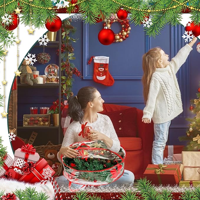 Shappy 6 Pieces Christmas Wreath Storage Container 30 Inch Wreath Plastic Storage Bags with Dual Zippers and Handles for Xmas Thanksgiving Holiday Artificial (Clear,Red)