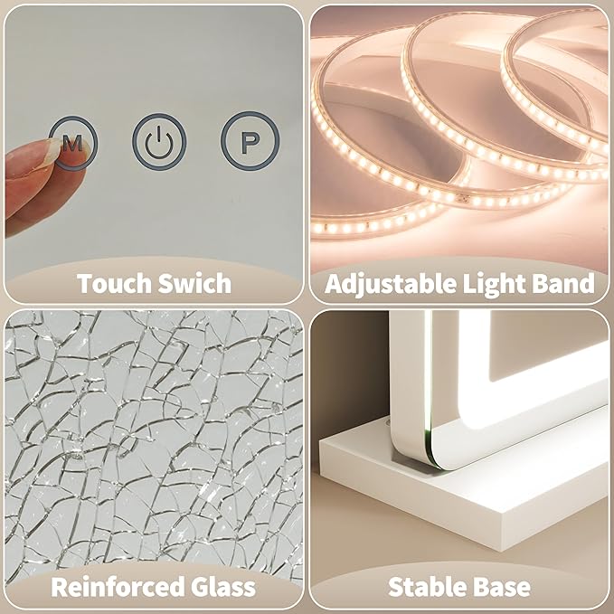 FENNIO 23" x 18" Vanity Mirror with Lights，LED Makeup Mirror，Hollywood Mirror with 3 Color Modes & Adjustable Brightness，Vanity Mirror White