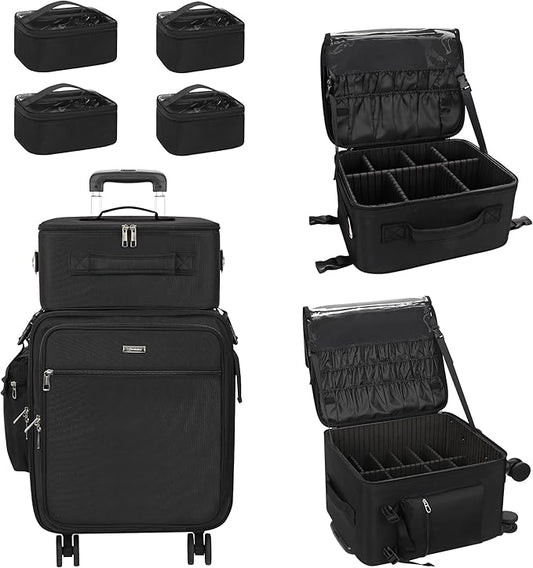 Relavel Rolling Makeup Case Professional Makeup Train Case, Makeup Artist Travel Bag with Wheels, 3-in-1 Portable Travel Beauty Trolley Case for Cosmetology Storage (Black)