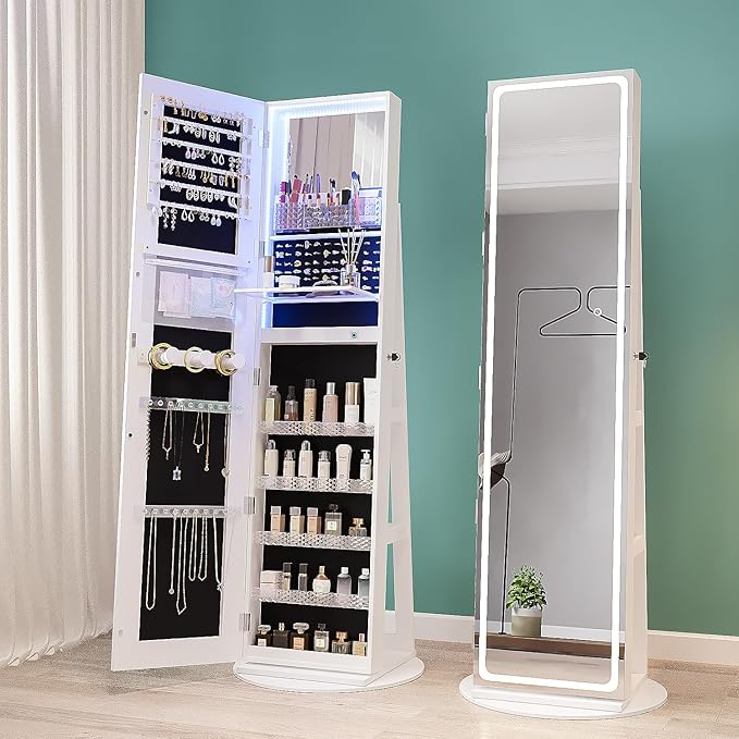 CHARMAID Swivel LED Mirror Jewelry Cabinet Armoire, Full Length Mirror with Storage, 3 Color & Adjustable Lights, Lockable Standing Jewelry Organizer with Lighted Mirror (White)