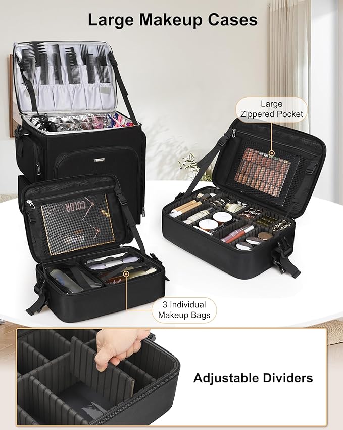 Relavel Rolling Makeup Case, 3 in 1 Hairstylist Traveling Bag Cosmetology Case on Wheels Large Hair Tools Cosmetics Train Case Makeup Artist Storage Organizer Trolley Suitcase with 360° Swivel Wheels