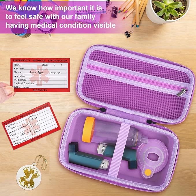 MGZNMTY Travel Carrying Case Compatible with Asthma Inhaler Spacer for Adults and Children, Masks, Inhaler Holder with Asthma Alert Tag and Medical Card, Carabiner (Only Case) (Purple)