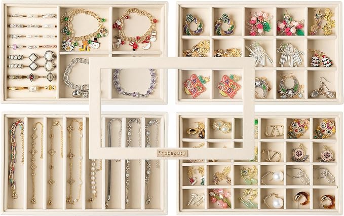 Frebeauty Stackable Jewelry Trays,Velvet Jewelry Organizer for Drawer,5-in-1 Jewelry Storage Box with Lid,Vanity Jewelry Display for Earrings Necklaces Rings,10.5 x 6.5 x 5.55 Inches,Gift for Women
