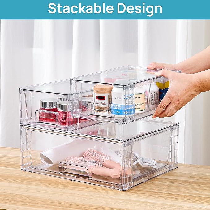 Vtopmart 3 Pack Stackable Storage Drawers, Easily Assemble Acrylic Bathroom Undersink Organizers,Clear Plastic Storage Bins for Closet,Cabinet,Pantry,Medicine Organization