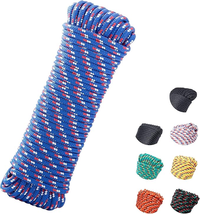 3/8 Inch 100 ft Diamond Braided Polypropylene Rope, All Purpose Thick Boat Marine Ropes for Camping and Flag Pole, Indoor and Outdoor Use, Blue