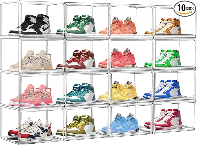 10 Pack Acrylic Shoe Boxes Stackable, Size 12 Clear Shoe Display Cases Plastic Shoe Container Boxes Sneaker Storage Bins