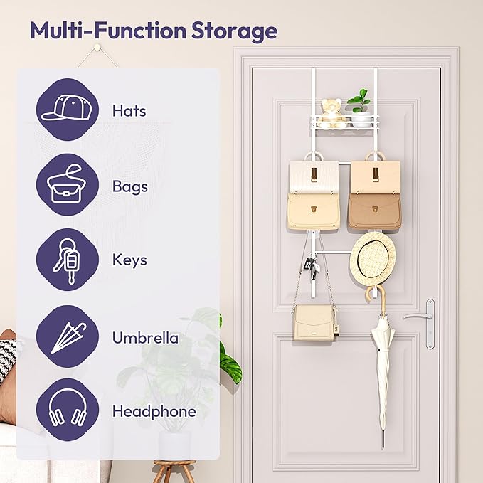 SWTYMIKI Over The Door Purse Organizer - Wall Mounted Handbag Organizer with 10 Hooks and Metal Basket, Hanging Purse Storage Rack Holds up to 10 Bags, Bag Rack Can Use As 1/2 Part, for Door, Closet