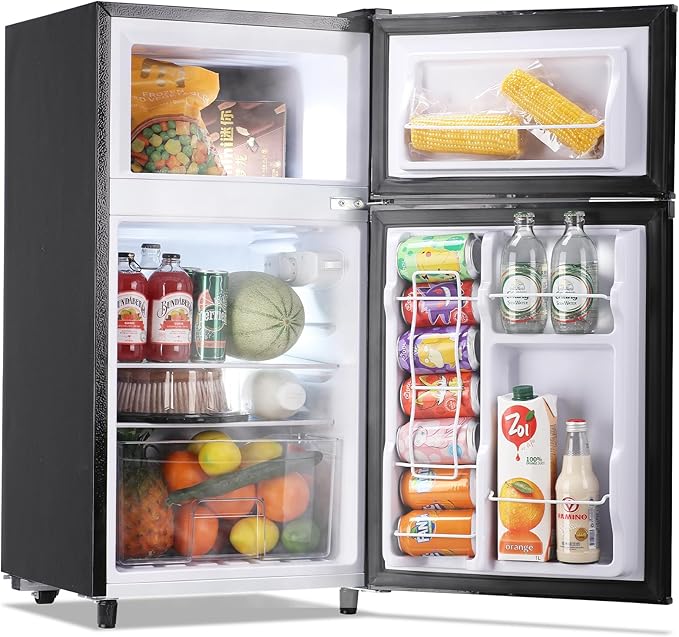 WANAI Mini Fridge with Freezer Two Doors Small Refrigerator with 7 Setting Adjustable Thermostat Crisper Drawer & Removable Shelves Extra Drink Space Low Noise Freezer-on-Top Refrigerator, Black