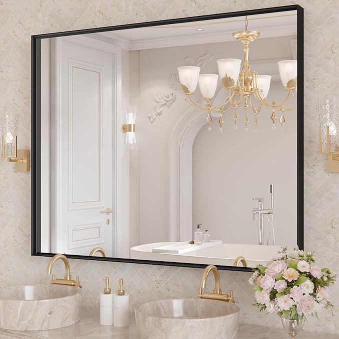 LOAAO Black Bathroom Mirror 40"X32" for Wall, Rectangle Bathroom Vanity Mirror, Tempered Glass, Hangs Vertically or Horizontally, Easy to Install, Modern Design