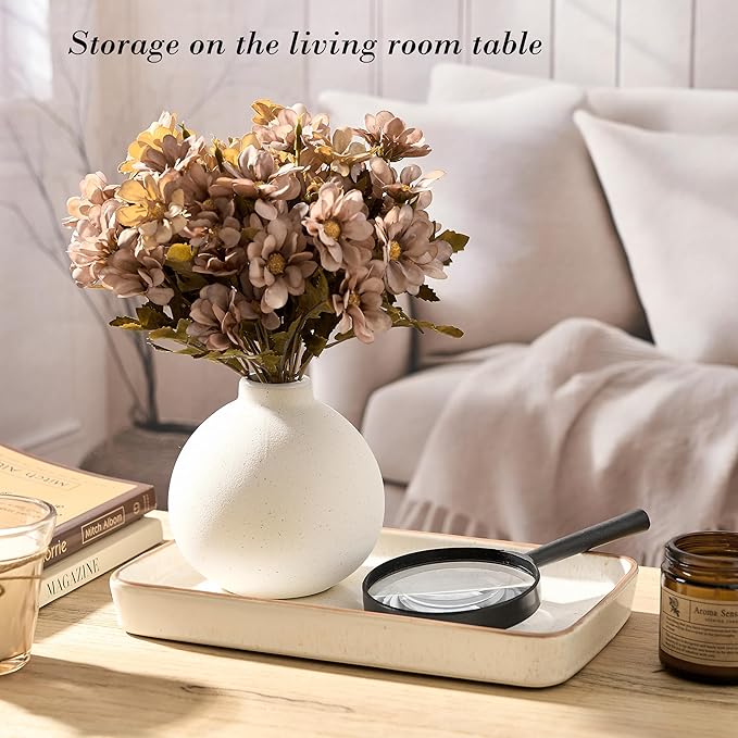 10"×6"×1" Bathroom Vanity Tray for Countertop- Ceramic Decorative Organizer Tray for Dresser Tops, Toilet, Perfume, Sponge Holder Soap Dish Dispenser for Kitchen Counter- Reactive White