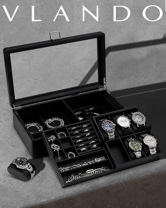 Vlando 6-Slot Watch Box Organize, Lockable Watch Case with Textured Leather, 2 Layer Watch Holder for Rings, Bracelets, Glasses, Glass Lid, Removable Divider, Gift for Fathers, Husband, Friend, Black