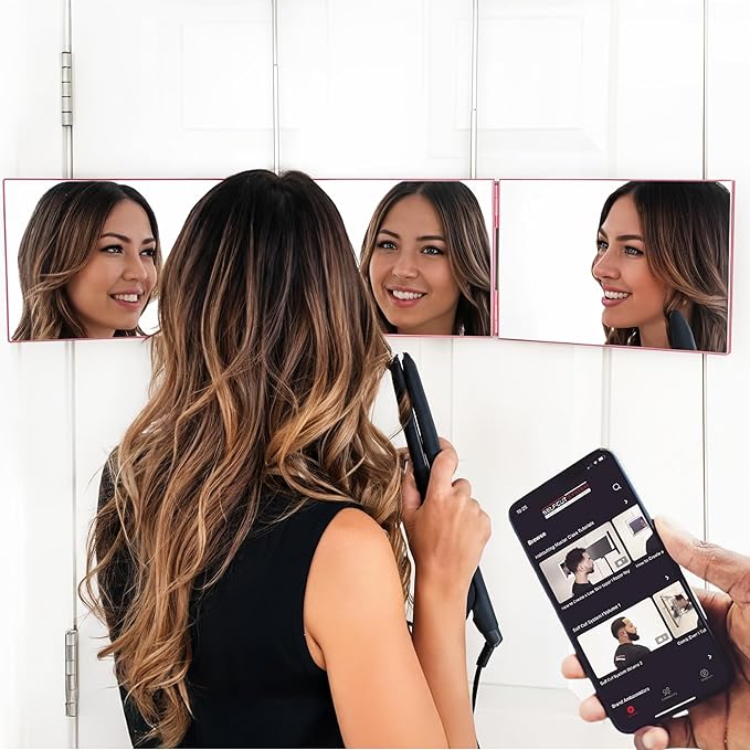 Self-Cut System 3 Way Mirror for Braiding Hair, Styling & Hair Coloring - Tri-Fold Three Way Mirror with Telescoping Hooks - Compact & Travel Size - Over-the-Door Mount for DIY Haircuts, Makeup - Pink