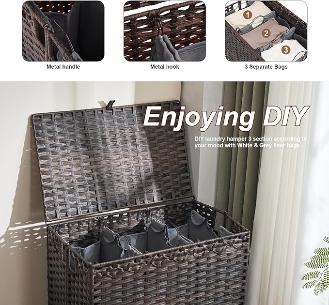 Laundry Hamper with Lid, 190L Large Laundry Basket 3 Section with 6 Removable Liner Bags & 3 Mesh Laundry Bags, Handwoven Rattan Clothes Hamper with Heightened Feet, No Install Needed, Brown