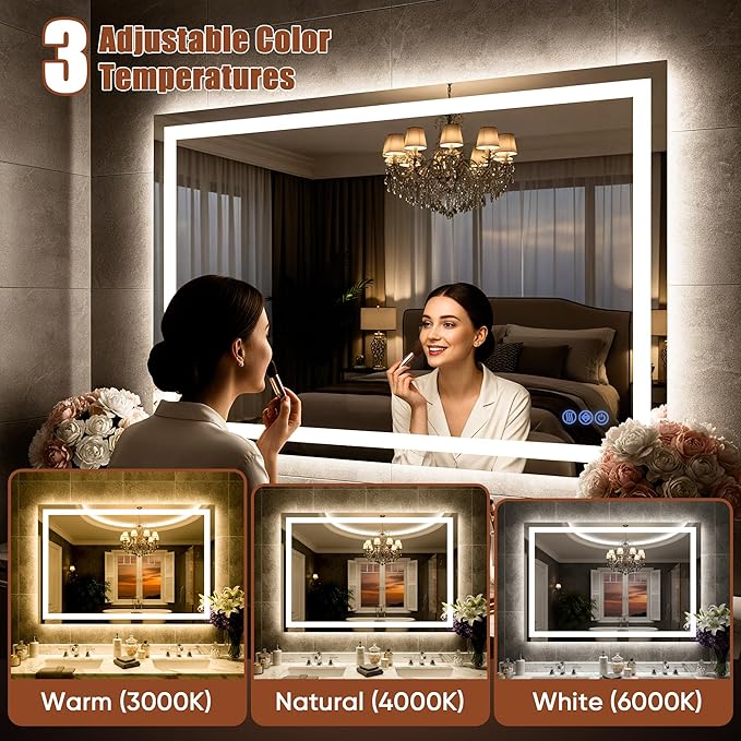 LED Bathroom Mirror with Lights 24"x36", Wall-Mounted Vanity Mirrors Front & Backlit Separate Light Control Stepless Dimmable Anti-Fog Memory 3 Color Temperatures Shatter-Proof Tempered Glass