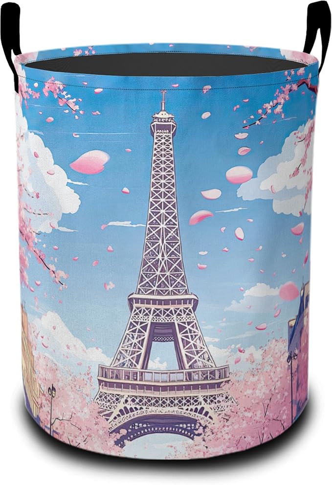 Romantic Eiffel Tower Laundry Basket, Cherry Blossoms Oxford Cloth Laundry Hamper With Handle Foldable Portable Clothes Storage Basket Storage Bag For Laundry Room/Bathroom/Bedroom/Dormitories