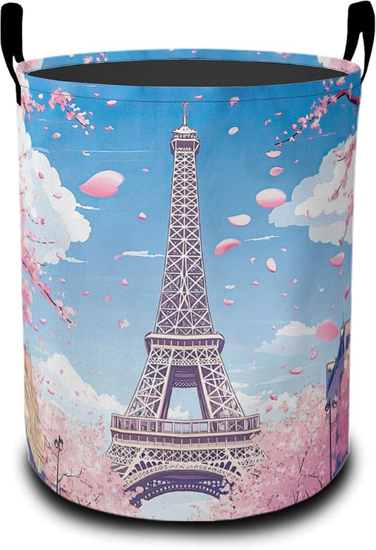 Romantic Eiffel Tower Laundry Basket, Cherry Blossoms Oxford Cloth Laundry Hamper With Handle Foldable Portable Clothes Storage Basket Storage Bag For Laundry Room/Bathroom/Bedroom/Dormitories