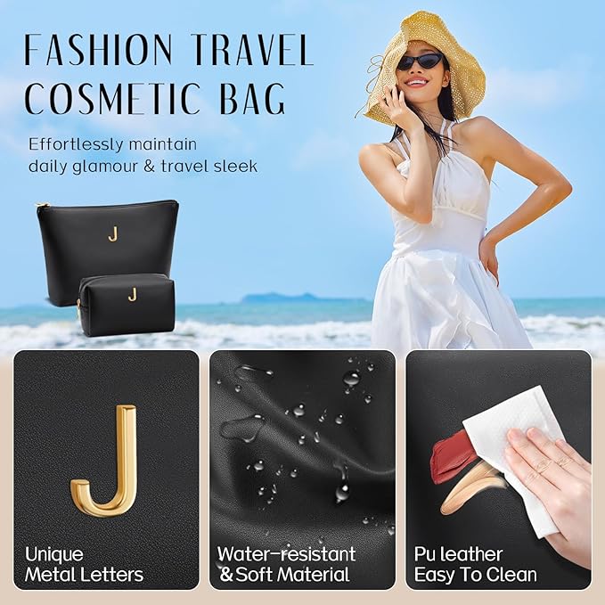 Valentine's Day Gifts for Women Girlfriend Initial Makeup Bag for Teen Girls Personalized Gifts for Friend Teacher Mom Wife Cosmetic Travel Toiletry Bag(Black,J)