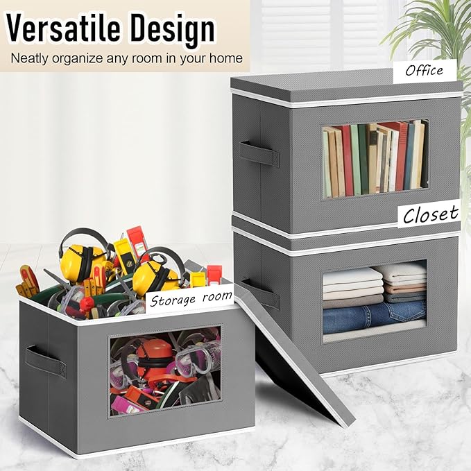 10 Pcs Fabric Storage Bins with Lid 17x12 Inch Stuffed Animal Storage Boxes with Window Handle Collapsible Cube Organizer Basket for Shelves Closet Bedroom Office Clothes Books (Dark Gray)