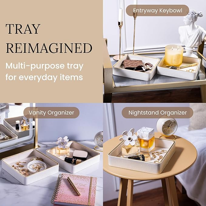 ZHEM Catch All Trays for Jewelry| Small Leather Valet Tray| Key Bowl for Entryway Table EDC Trinket Tray Catch All| Perfume Trays for Dresser Organizer Perfume Holder (White 8"x8"x1.8" 2 Pack)