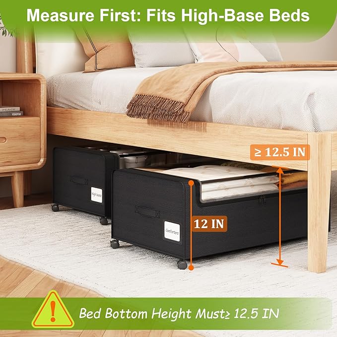 Webetop Under Bed Storage Containers with Wheels,12 inch Under the Bed Storage Bins with Clear Lid for Underneath Small Spaces Dorms, Blankets (2 Pack, 30.7"x17.3"x12")