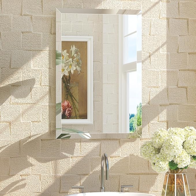 TETOTE 16" x 24" Frameless Beveled Bathroom Mirror Tempered Rectangle Wall Mirror with Beveled Edge for Bathroom, Vanity
