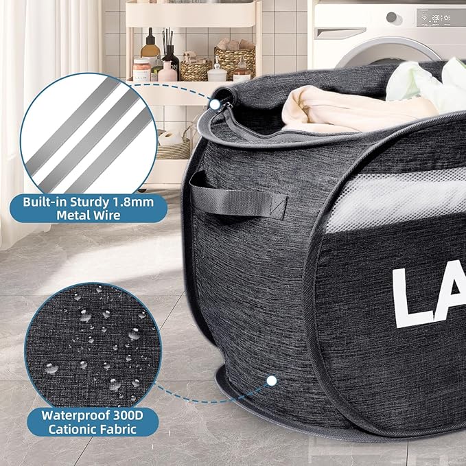Collapsible Laundry Basket 2 pack, Foldable Pop Up Black Laundry Baskets Mesh with Lid & Handle, Pop Up Collapsible Laundrys Hamper, Fabric Laundrys Baskets for Dorm, Travel, Bathroom